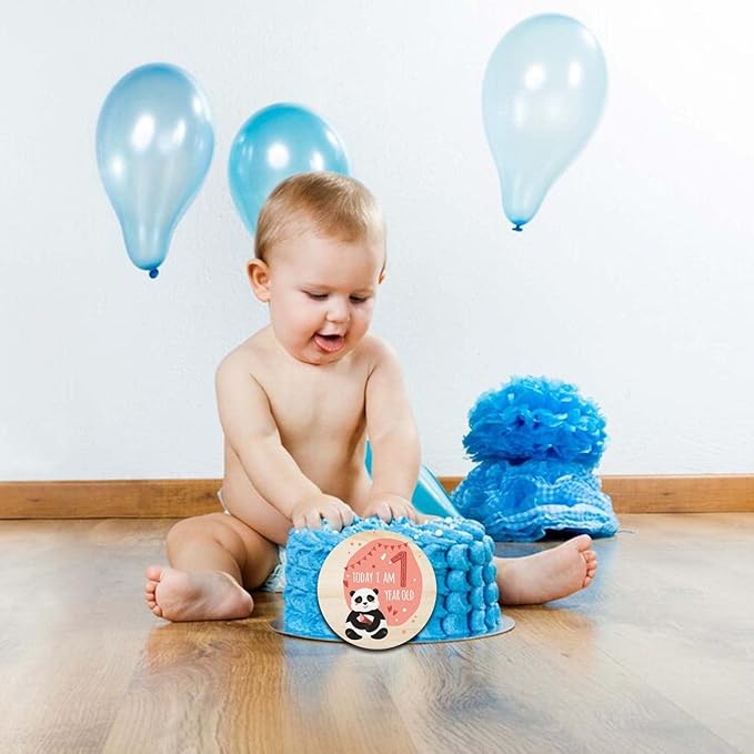 Baby Monthly Milestone Cards for Newborn Girl or Boy,Safari Monthly Baby Milestone Cards Baby Anniversary Signs,Baby Shower Cards Come with Organza Gift Bag (Milestone Wooden Circles)