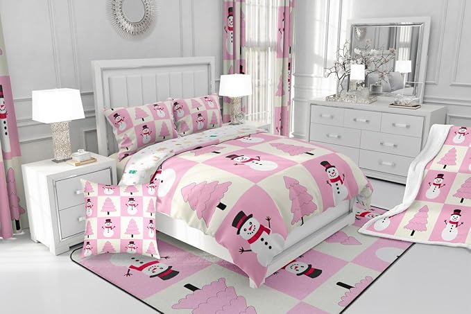 Feelyou Pink Christmas Kids Comforter Set Full Size Snowman Bedding Set Xmas Tree Duvet Quilt for Kids Boys Girls Bedroom Decor Microfiber Ultra Soft Breathable