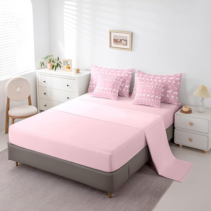 Erosebridal Christmas Twin Bedding Set 7 Piece,Xmas Elk Deer Bed in A Bag,Candy Snowflake Comforter Set Pine Tree Woodland Animals Sheet Set with Comforter,Pink Christmas Decoration