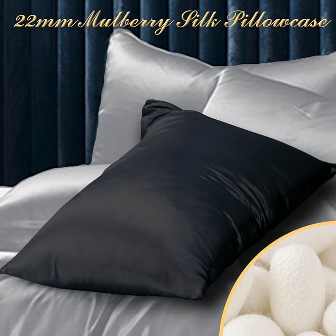 100% Mulberry Silk Pillowcase 2 Pack for Hair and Skin,with Hidden Zipper,Both Sides 22 Momme Natural Silk Pillow Cover,Soft Breathable & Smooth (Black, Standard)