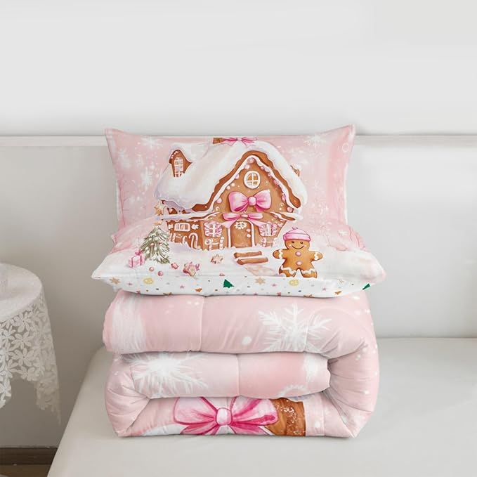 Feelyou Gingerbread House Kids Comforter Set Toddler Size Gingerbread Man Bedding Set Christmas Tree Duvet Quilt for Kids Boys Girls Bedroom Pink Bow Decor Snowflake Microfiber Ultra Soft Breathable