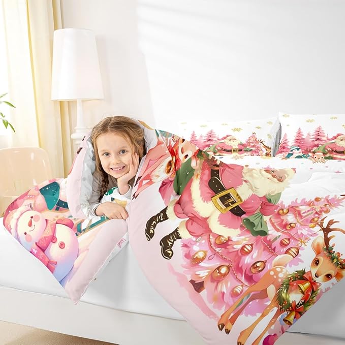 jejeloiu Merry Christmas Comforter Set Toddler Size Santa Claus Bedding Set for Kids Boys Girls Cute Deer Duvet Quilt White Bedroom Decor
