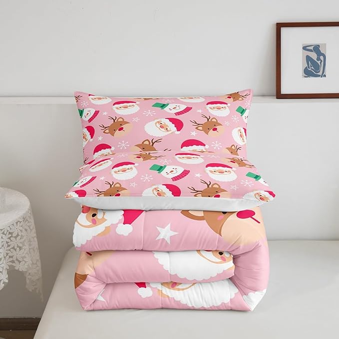 Cartoon Santa Claus Kids Comforter Set Queen Size,Cute Snowman Deer Xmas Bedding Set,Boys Girls Adults Room Decor,Merry Christmas Snowflake Down Comforter,Pink Romantic Duvet Insert,2 Pillowcases