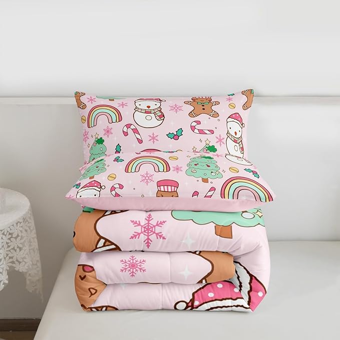 Feelyou Christmas Kids Comforter Set Toddler Size Merry Christmas Tree and Snowman Bedding Set Gingerbread Man Duvet Quilt for Kids Boys Girls Bedroom Rainbow Print Decor Snowflake Soft Breathable