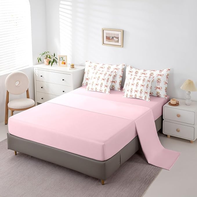 7 Pieces Cartoon Nutcracker Kids Comforter Set Queen,Pink Bowknot Romantic Princess Bedding Set,Ballet Merry Christmas Bow Tie Dreamy（Comforter+Fitted+Flat Sheet+2 Pillowcases+2 Throw Pillow Covers）