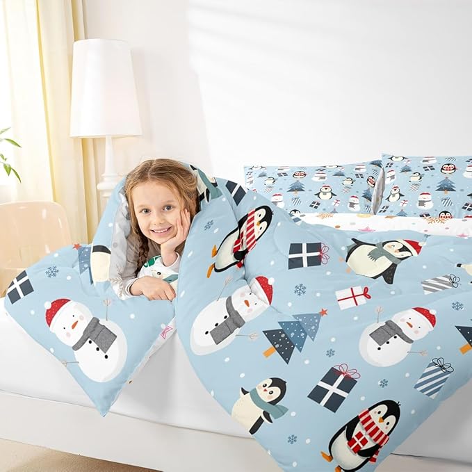 Feelyou Merry Christmas Bedding Set Soft for Boys Girls, Penguin Comforter Set Toddler Size Xmas Tree Snowman Duvet Quilt Microfiber Gift Snowflake Bedroom Decor 2 Pcs with 1 Pillow Cases
