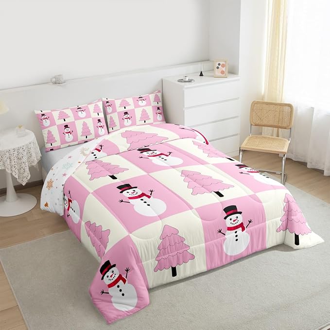 Feelyou Pink Christmas Kids Comforter Set Queen Size Snowman Bedding Set Xmas Tree Duvet Quilt for Kids Boys Girls Bedroom Decor Microfiber Ultra Soft Breathable