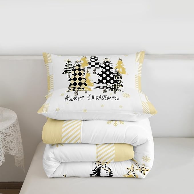 Manfei Xmas Tree Comforter Set King Size, Yellow Plaid Grid Snowflake Down Comforter with 2 Pillowcases, Christmas Theme Bedding Set 3pcs for Kids Girls Adults Room Decor New Year Duvet Insert
