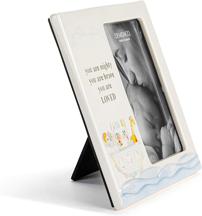 DEMDACO Noah's Ark by Katy Ellis Collection You Are Mighty, Brave, Loved Off-White 8 x 7 Stoneware Baby Picture Frame with Animal Ark – Inspirational Nursery Keepsake Gift, Holds 4x6 Photo