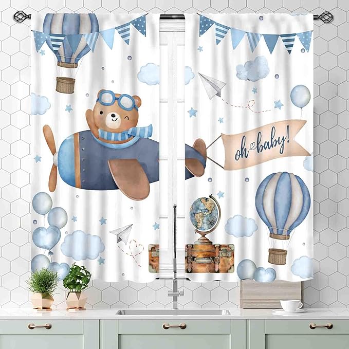 Cartoon Bear Curtains, Kids Boys Girls Cute Lovely Bear Adventure Airplane Cloud Pastel Blue Window Drapery Treatments for Baby Living Room Bedroom Nursey Toddler Classroom 2 Panels, 55x39 Inch
