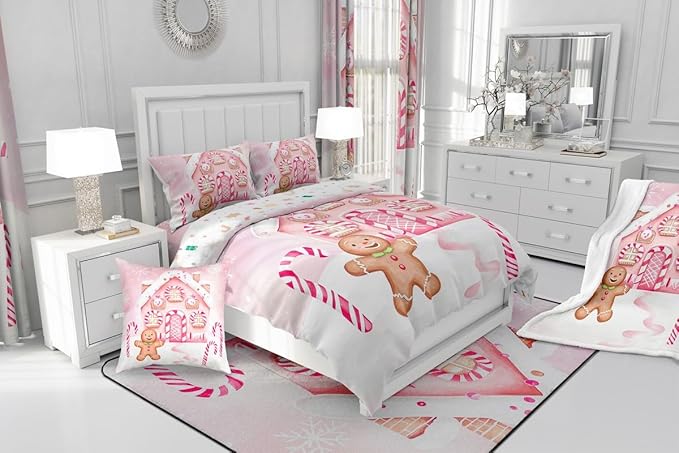 Feelyou Gingerbread Man Comforter Set Full Size Gingerbread House Bedding Set for Kids Boys Girls Candy Canes Duvet Quilt Pink Christmas Scheme Bedroom Decor Snowflake 3 Pcs with 2 Pillow Cases