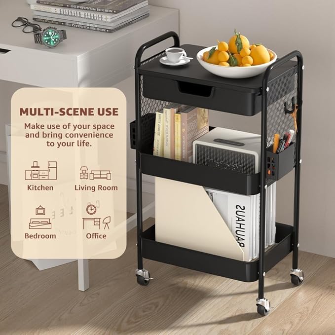 3 Tier Rolling Cart with Drawer, Metal Rolling Utility Cart on Wheels with Pegboard, Art Cart Storage Organizer with Tabletop for Living Room, Office, Bedroom (Black)