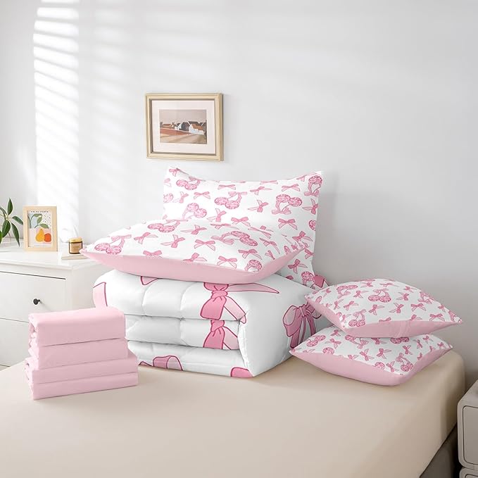 7 Pieces Cartoon Bowknot Kids Comforter Set King,Western Cowgirl Disco Ball Retro Bedding Set,Bow Tie Cute Princess Pink Romantic（Comforter+Fitted+Flat Sheet+2 Pillowcases+2 Throw Pillow Covers）