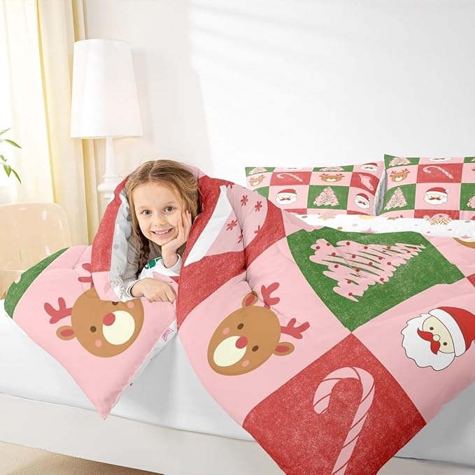 Feelyou Merry Christmas Bedding Set Soft for Boys Girls, Xmas Tree Santa Claus Comforter Set Twin Size Candy Cane Deer Duvet Quilt Microfiber Patchwork Bedroom Decor 2 Pcs with 1 Pillow Cases