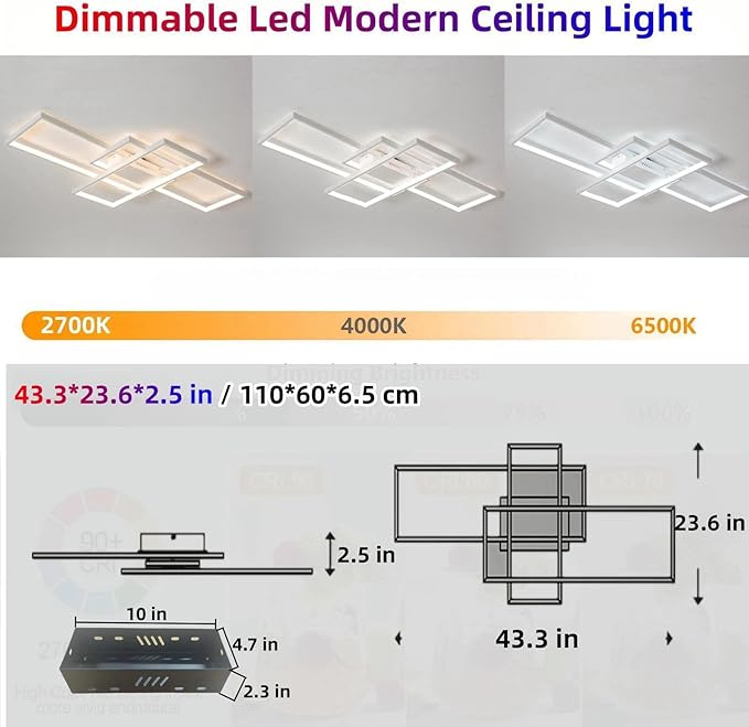 Modern Dimmable LED Ceiling Light Fixture,with Remote Control 3 Color Selectable Flush Mount Ceiling Lamp Ceiling Lights for Sitting Room Kitchen Bedroom(White, 43.3 * 23.6 * 2.5 in)
