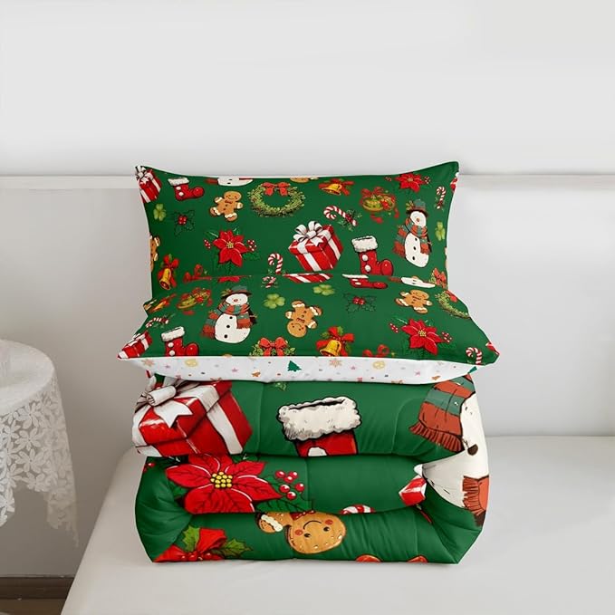 jejeloiu Merry Christmas Comforter Set Toddler Size Cute Snowman Bedding Set for Kids Boys Girls Gingerbread Man Duvet Quilt Green Bedroom Decor
