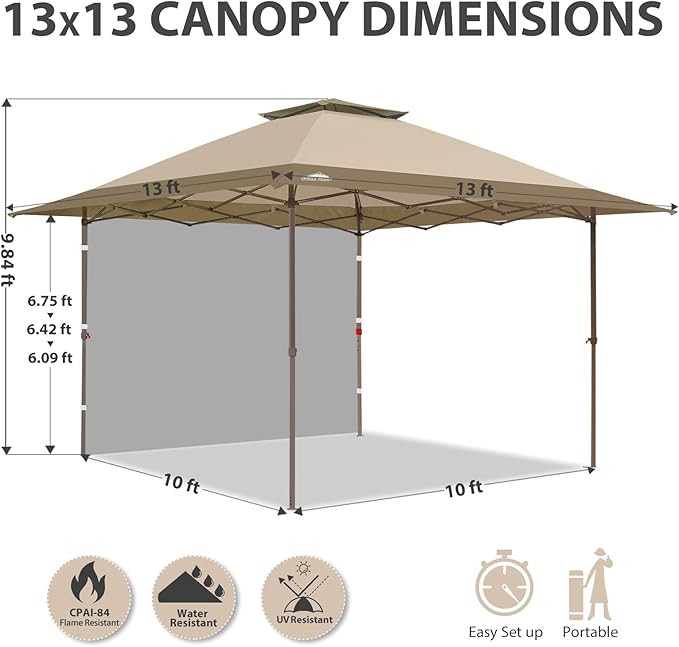 EAGLE PEAK 13x13 Pop up Canopy Tent w/One Wall, Instant Canopy Easy Set up Folding Shelter w/One Privacy Curtain, 169 Square Feet Sun Shade, Beige