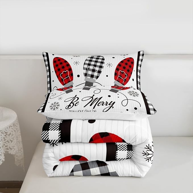Merry Christmas Kids Comforter Set Twin Size,Geometric Grids Stylish Bedding,Girls Boys Adults Bedroom/Xmas Cabin Decor,Snowflake Bells Down Comforter,Rustic Farmhouse Duvet Insert,1 Pillowcase