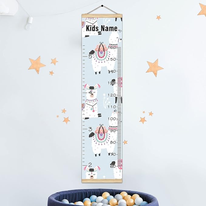 Personalized Kids Name Growth Chart Ruler for Wall Wood Frame Height Measure Chart 13.4x56 in Linen Hanging Height Growth Chart Funny Alpaca Llama Cacti Kids Room Decor