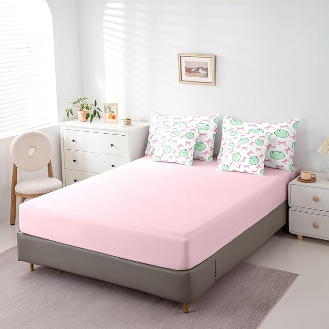 7 Pieces Pink Bowknot Comforter Set Full,Cartoon Frog Bow Tie Butterfly Knot Princess Bedding Set,Geometric Patchwork Cute Sweet（Comforter+Fitted+Flat Sheet+2 Pillowcases+2 Throw Pillow Covers）