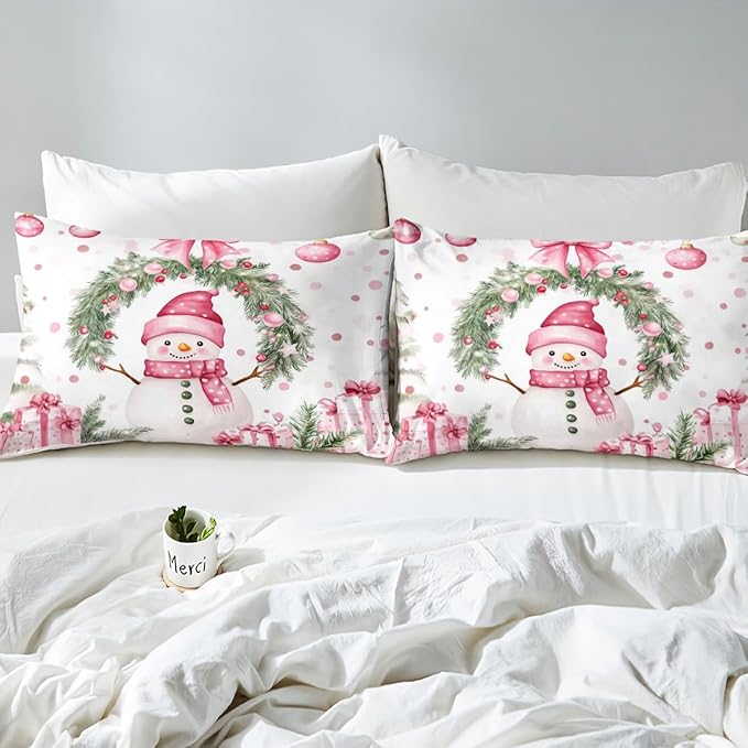 Manfei Christmas Kids Duvet Cover Set King Size, Cute Snowman Holly Leaf Bedding Set for Boys Girls Adult, Pink Bowknot Xmas Comforter Cover, Lightweight Bedspread Cover, 2 Pillowcases, No Comforter