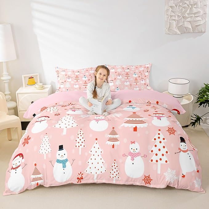 Christmas Kids Bedding Set Cartoon Snowman Bedding Duvet Cover Set for Boys Girls Christmas Tree Decor Comforter Cover Set Pink Dots Xmas Theme Bedspread Cover Bedroom Quilt Cover 3Pcs King Size