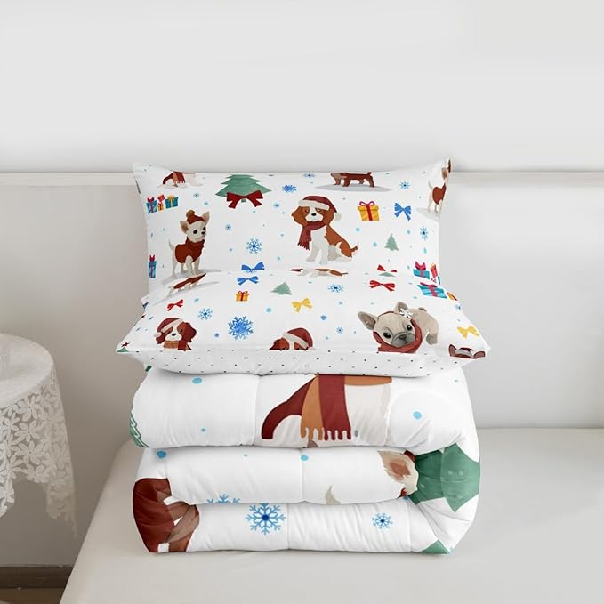 Feelyou Christmas Puppy Comforter Set All Season Festive Pet Bedding Set with 1 Pillow Cases Cute Dog Kids Twin Bedclothes Xmas Tree Snowflake Bedroom Decor Duvet Quilt Breathable Soft Lightweight
