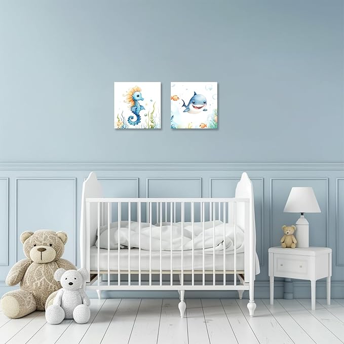 2 Piece Ocean Sea Canvas Wall Art for Nursery Decor - Cute Baby Seahorse Shark Underwater Paintings Pictures Ocean Theme Sea Life Posters Prints for Kids Room Bathroom Decor(Artwork-02, 20"x20"x2P)