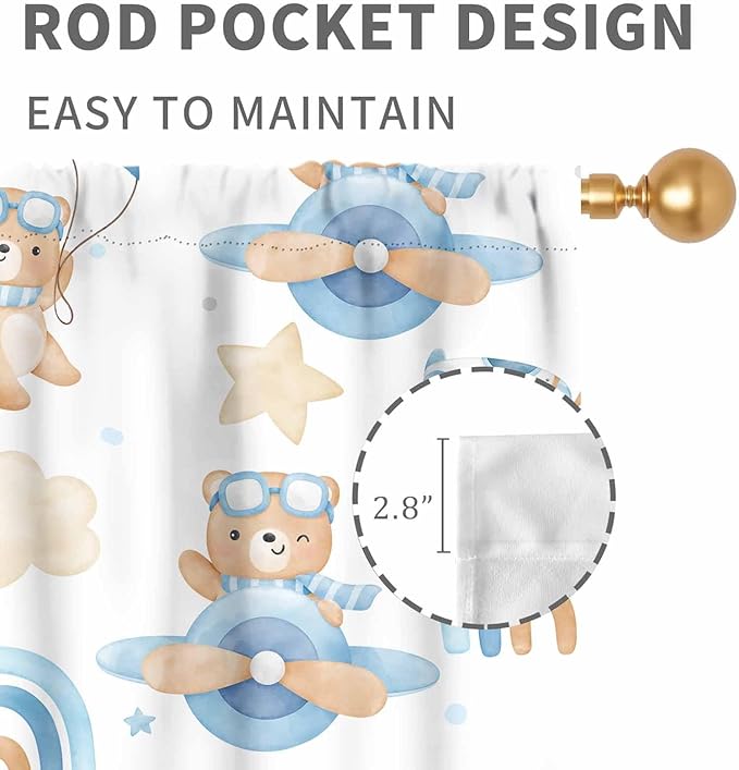 Cartoon Bear Curtains, Kids Boys Girls Cute Lovely Bear Adventure Airplane Cloud Pastel Blue Window Drapery Treatments for Baby Living Room Bedroom Nursey Toddler Classroom 2 Panels, 52"x84" Inch
