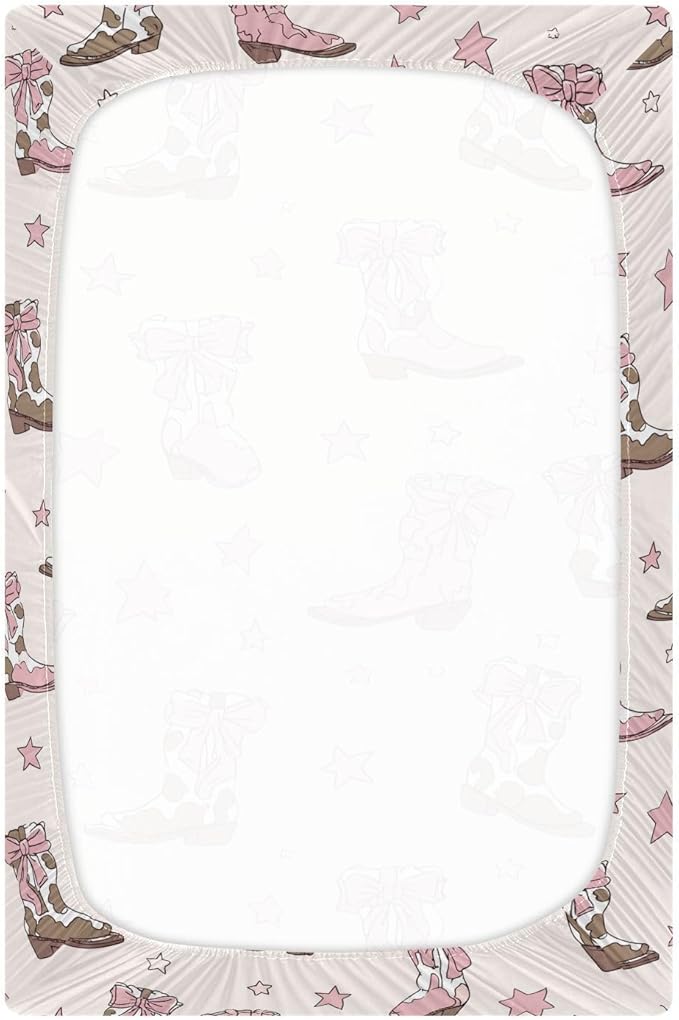 Crib Sheets for Boys Girl Coquette Bows Neutral Mini Crib Mattress Sheets Fitted, Cowgirl Boots Toddler Baby Sheets for Crib Mattress Soft & Breathable 39 * 27 * 5In