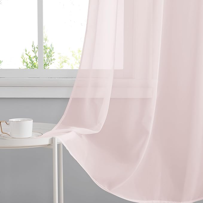 RYB HOME Light Filtering Curtains 90 Inches Long, Grommet Top Voile Airy Light Filtering Drapes Sheer Window Curtains for Living Room Kitchen Bedroom, Peach Blush, 54" W x 90" L, 4 Pieces