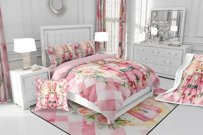 Feelyou Christmas Comforter Set All Season Pink Nutcrackers Bedding Set with 2 Pillow Cases Rose Kids Queen Bedclothes Floral Bedroom Decor Funny Nutcracker Duvet Quilt Breathable Soft Lightweight