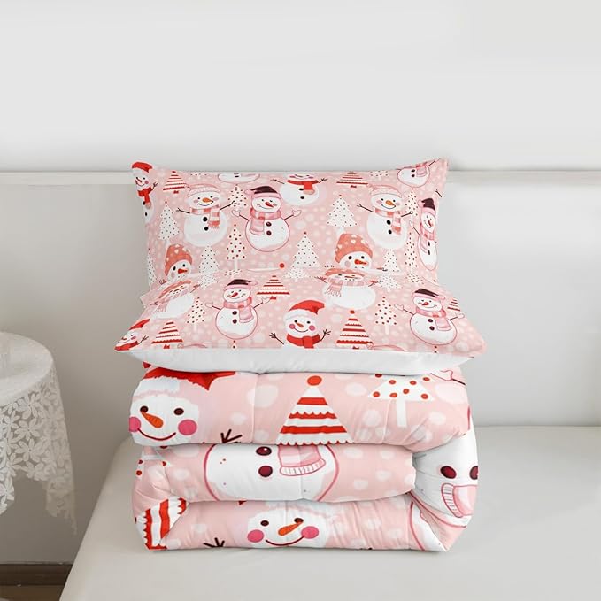 Manfei Christmas Comforter Set Full Size, Snowman and Xmas Trees Down Comforter with 2 Pillowcases, New Year Pink Bedding Set 3pcs for Kids Girls Adults Bedroom Decor Lightweight Duvet Insert