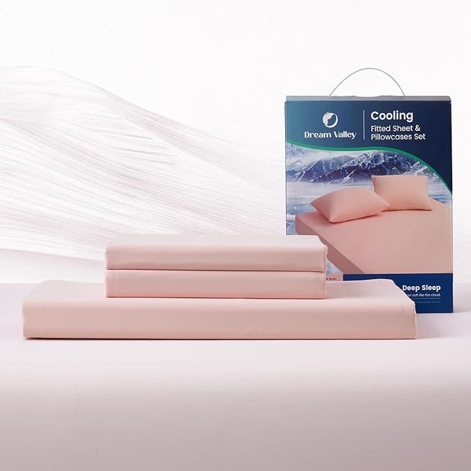 Dream Valley® King Size Sheets Set, Cooling Fitted Sheet with 2 Pillowcase-3 PCS with No Flat Sheet,Q-Max > 0.4 Aerocool, Cooling for Night Sweats, Hot Sleepers,deep Pocket up to 15",Pink Blush