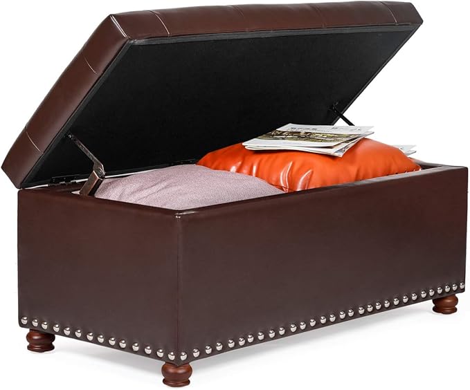 Asense Faux Leather Rectangular Hinged-lid Storage Ottoman, Button Tufted Upholstered Bench, Brown