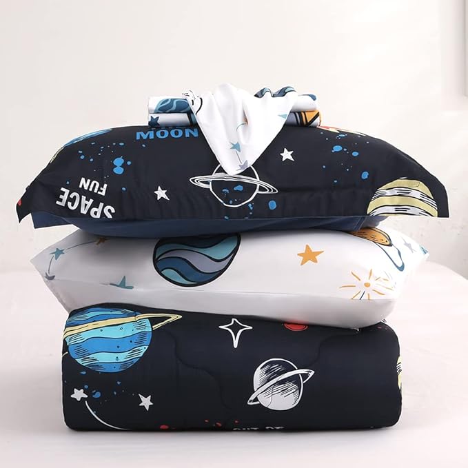 Wajade Kids Space Comforter Set Bed in A Bag Twin Size 7 Piece 3D Space Rocket Planets Bedding Set for Teens Boys Girls (1 Comforter, 1 Flat Sheet, 1 Fitted Sheet, 2 Pillowcase and 2 Pillow Sham)