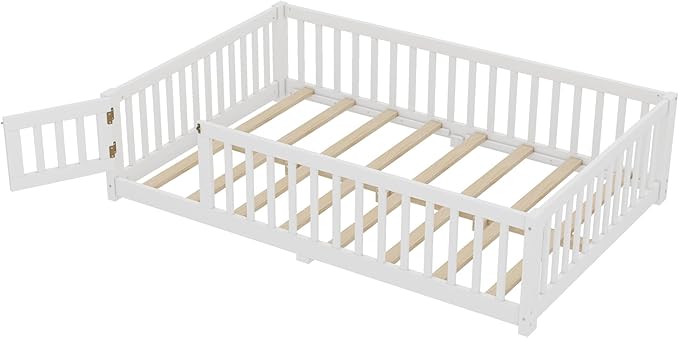 Bellemave Full Size Floor Bed Frame with Fence and Door for Kids, Montessori Floor Bed with Slats and Safety Guardrails,Solid Wood Full Bed Frame for Girls Boys,White