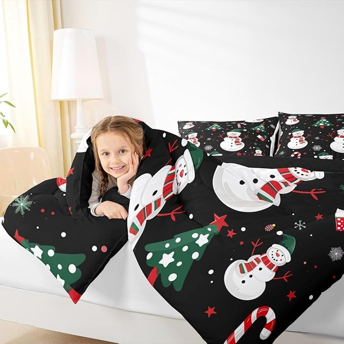 jejeloiu Kids Cute Winter Snowman Comforter Set Queen Size Christmas Theme Bedding Set for Boys Girls Teens Xmas Candy Cane Snowflake Happy New Year Duvet Quilt Room Decor
