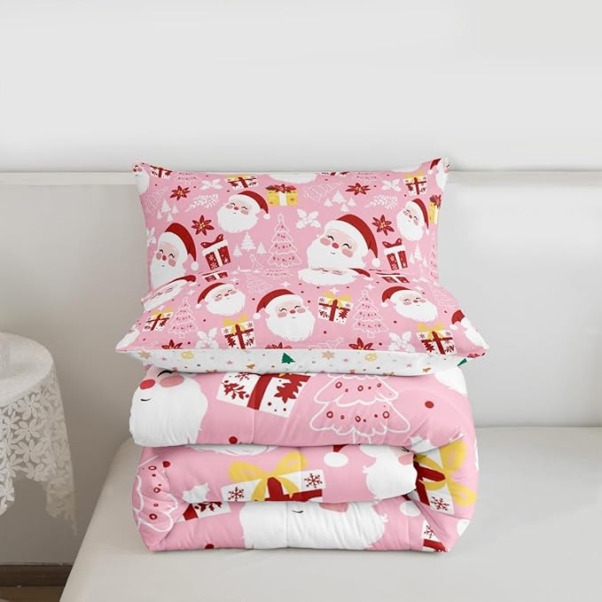 jejeloiu Santa Claus Comforter Set King Size Merry Christmas Bedding Set for Kids Boys Girls Xmas Themed Duvet Quilt Pink Bedroom Decor