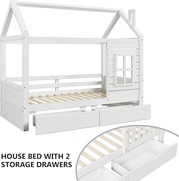 Aoowow Twin Size Kids House Bed with 2 Drawers, Wooden Twin Bed Frame with Window and Roof for Bedroom, Modern Twin Size Kid Playhouse Bed with Slats for Boys Girls, Can be Decorated, White