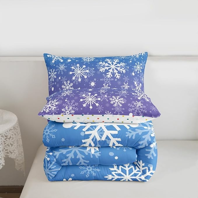 Feelyou Blue and Purple Snowflake Bedding Set Soft for Boys Girls, Winter Snowflake Comforter Set Full Size Christmas Duvet Quilt Microfiber Holiday New Year Bedroom Decor 3 Pcs with 2 Pillow Cases
