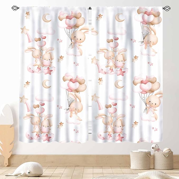 Rabbits Curtains, Kids Boys Girls Cartoon Cute Lovely Animals Moon Cloud Ballon Pastel Pink Window Drapery Treatments for Baby Living Room Bedroom Nursey Toddler 2 Panels, 84"x63" Inch
