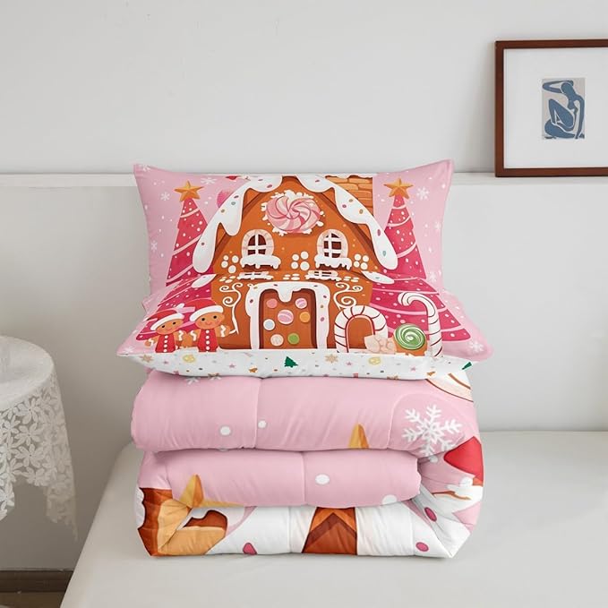 jejeloiu Kids Christmas Theme Comforter Set Twin Size Cute Gingerbread Man Bedding Set for Boys Girls Teens Pink Xmas Tree Candy House Winter Snowflake New Year Duvet Quilt Room Decor