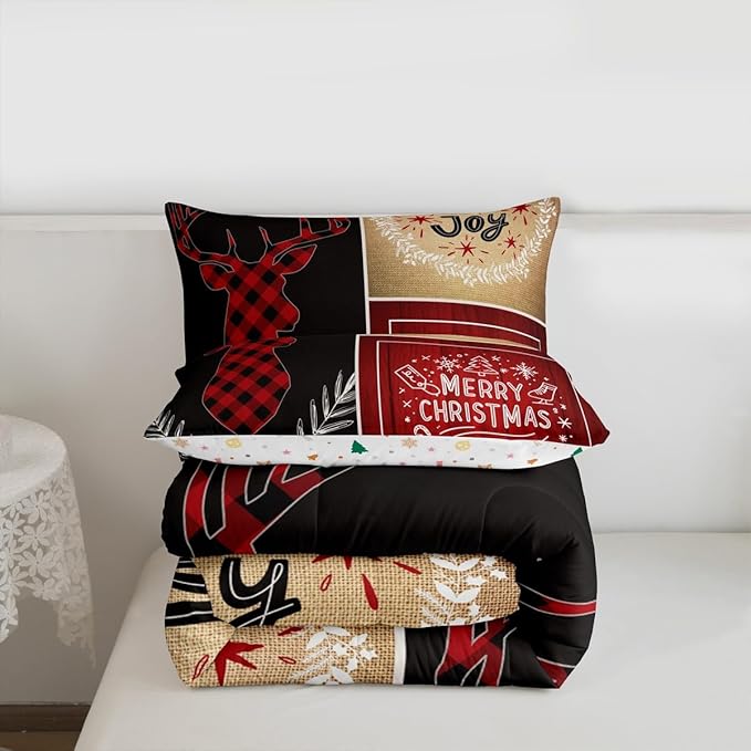 Deer Antler Kids Christmas Comforter Set Full Size,Elk Plam Leaves Bedding,Girls Boys Adults Bedroom/Xmas Cabin Decor,Plank Lattice Vintage Down Comforter,Rustic Farmhouse Duvet Insert,2 Pillowcases