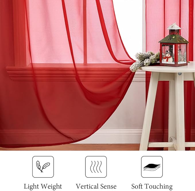 MIULEE 2 Panels Red Solid Color Sheer Christmas Window Curtains Elegant Window Voile Panels/Drapes/Treatment for Bedroom Living Room (54X72 Inches)