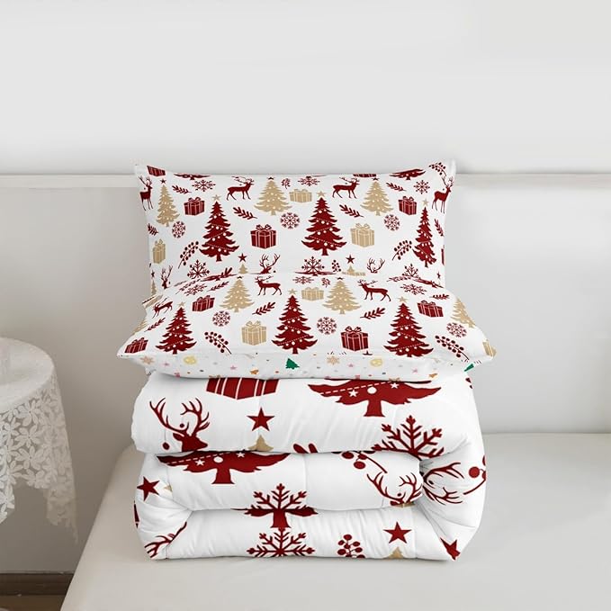 Feelyou Christmas Comforter Set All Season Xmas Tree Bedding Set with 2 Pillow Cases Reindeer Microfiber Kids King Bedclothes Snowflake Gift Bedroom Decor Duvet Quilt Breathable Soft Lightweight