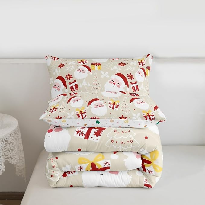 jejeloiu Santa Claus Comforter Set King Size Merry Christmas Bedding Set for Kids Boys Girls Xmas Themed Duvet Quilt Beige Bedroom Decor
