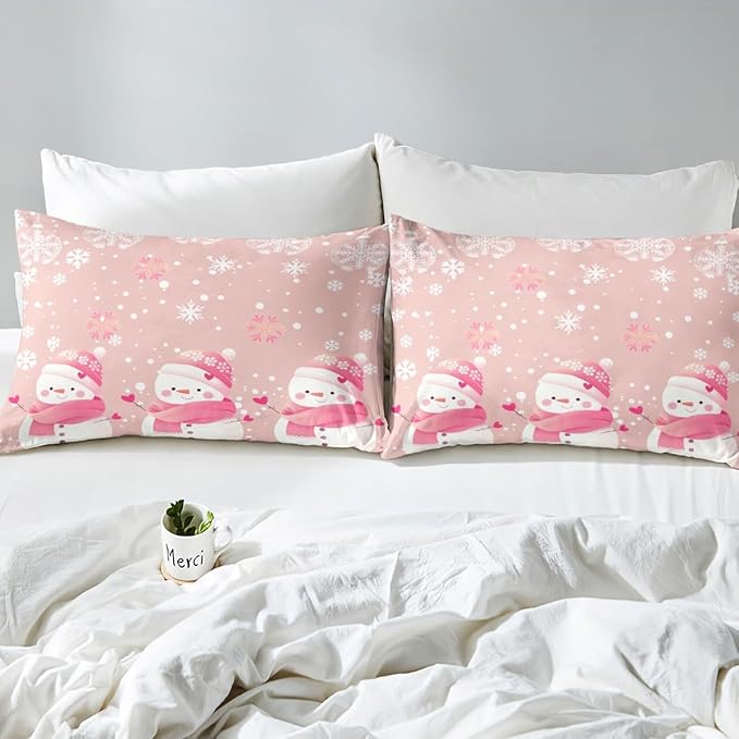 Manfei Kawaii Snowman Duvet Cover Set Queen Size, Cute Pink White Snowflake Comforter Cover with 2 Pillowcases, Christmas Theme Bedding Set 3pcs for Kids Girls Lightweight Bedspread Cover,No Comforter