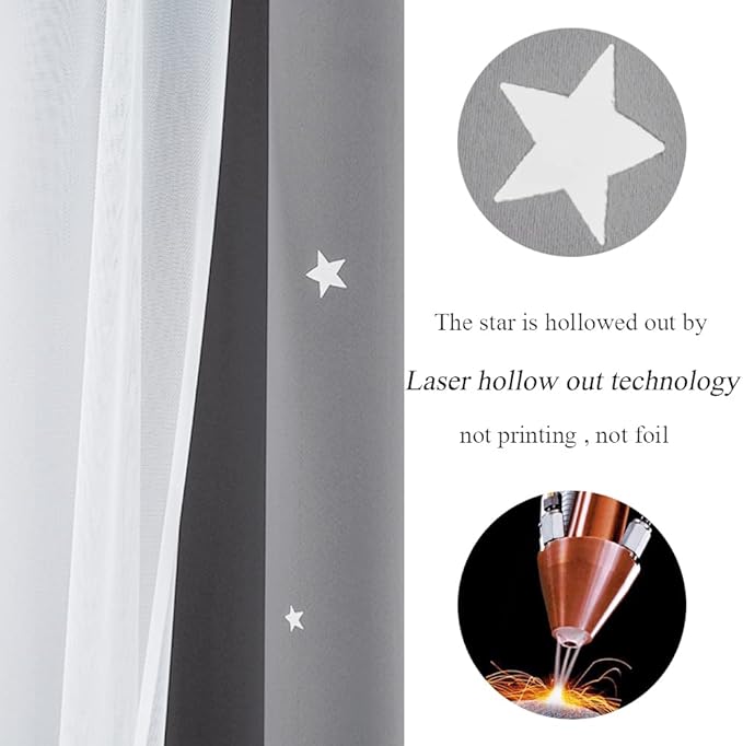 Kinryb Kids Blackout Curtains for Bedroom/Living Room/Classroom, Sheer Overlay 95 Inches 2 Panel Set, Double Layer Curtains with Star Cutout for Kids Room(W 52 x L 95 Inches,Silver Grey 2 Pcs)