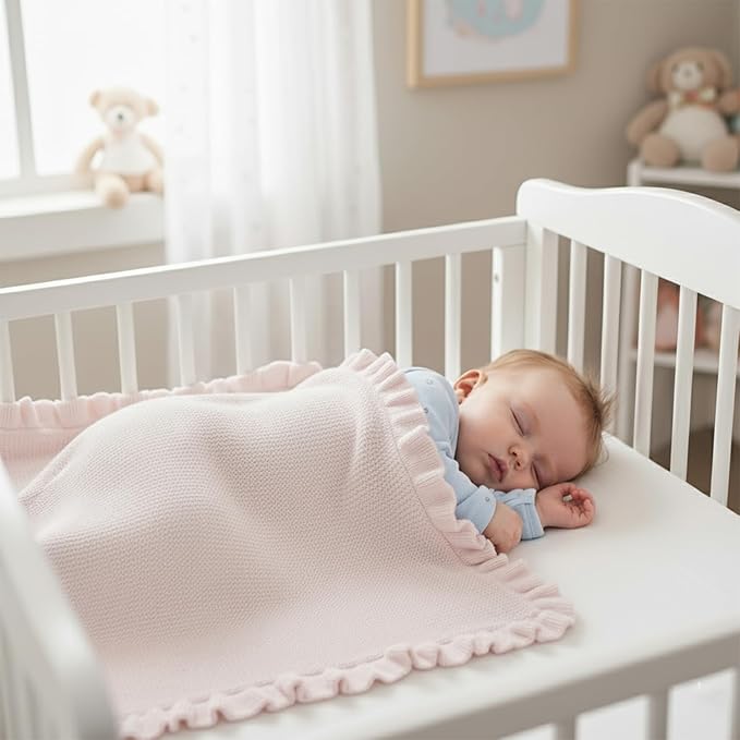 Cotton Baby Blanket with Ruffle Edge Soft Breathable Newborn Blanket for Boys & Girls, Lightweight Knit Throw for Crib, Stroller & Nursery Multiple Colors Available Pink 30x40